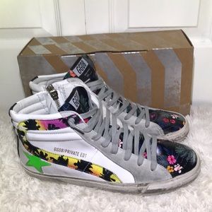 Golden Goose Floral High-Top Sneakers with Neon Green Star